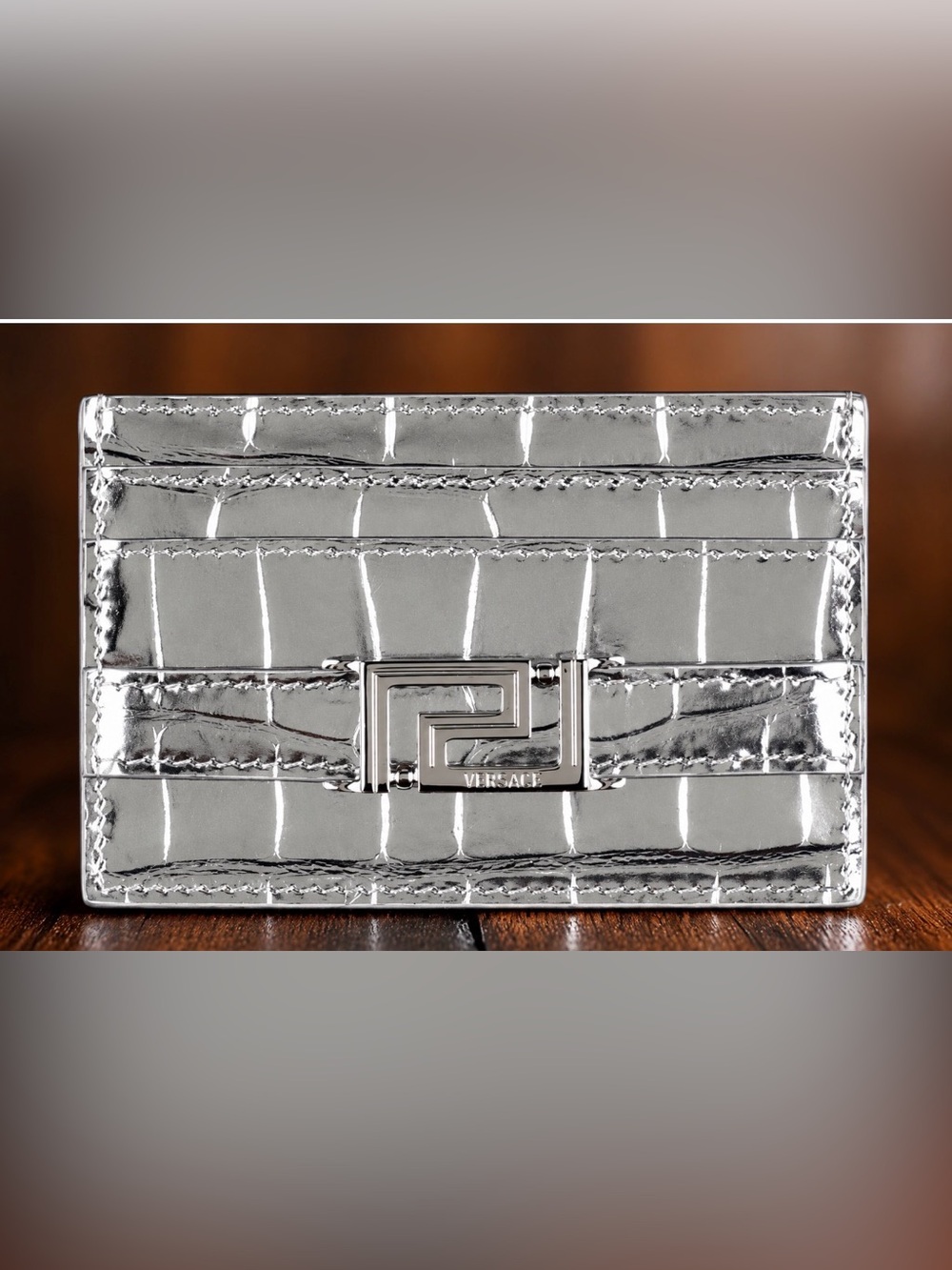 Versace Silver Croc-Embossed Greca Goddess Card Holder NWB